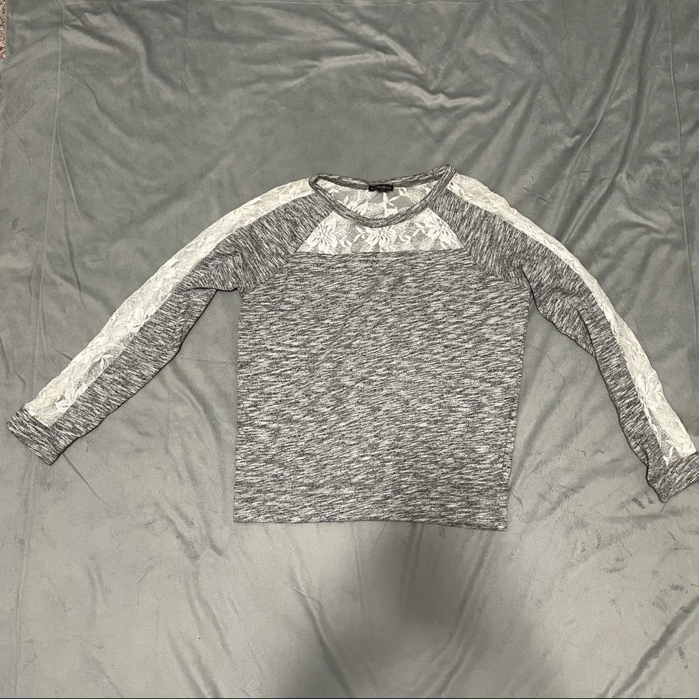 Express Grey White Lace Sleeve Sweater EUC Size XS